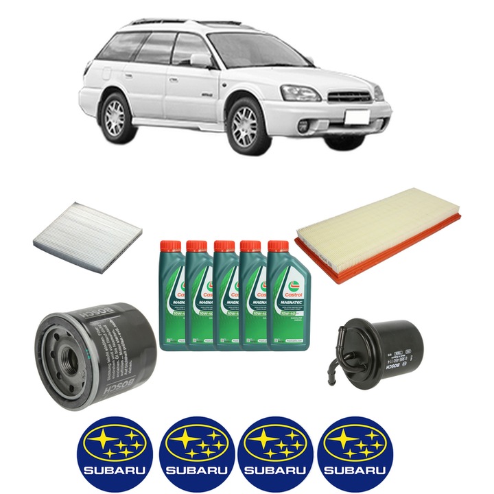 Pachet filtre revizie Bosch, 5 litrii ulei Castrol 10W40 SUBARU OUTBACK (BE, BH) 2.5 AWD (BH9) din 2000-2003, 4x Stickere auto cu SUBARU