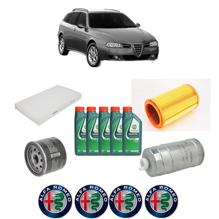 Pachet filtre revizie Bosch, 5 litrii ulei Castrol 10W40 ALFA ROMEO 156 Sportwagon (932_) 2.4 JTD (932B1) din 2000-2003, 4x Stickere auto cu ALFA ROMEO
