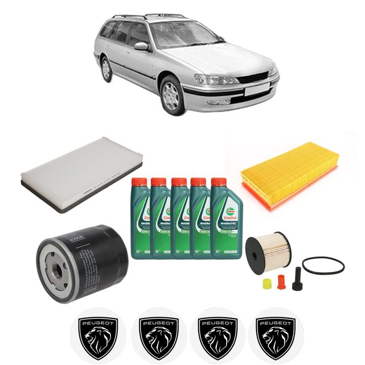 Pachet filtre revizie Bosch, 5 litrii ulei Castrol 10W40 PEUGEOT 406 Break (8E/F) 2.0 HDi 110 din 2001-2004, 4x Stickere auto cu PEUGEOT