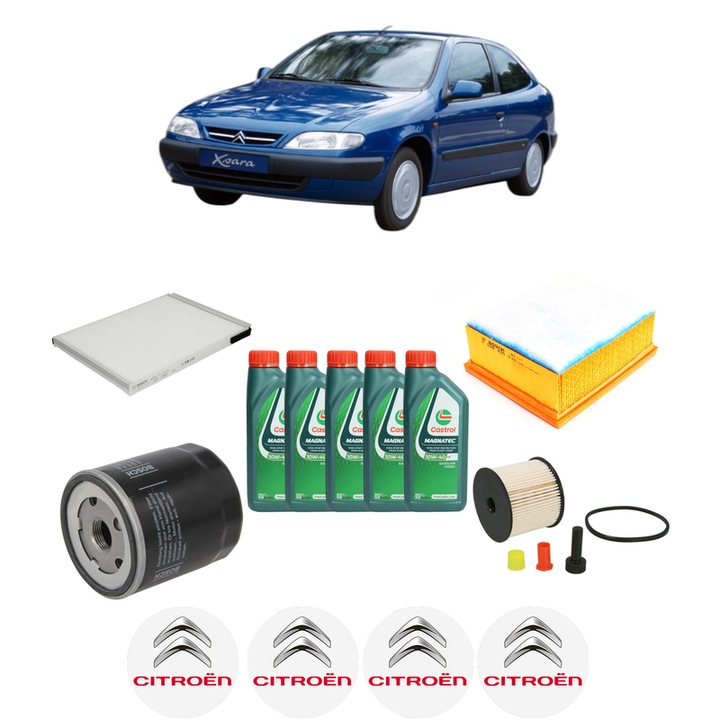 Pachet filtre revizie Bosch, 5 litrii ulei Castrol 10W40 CITROEN XSARA Hatchback Van (N3_) 2.0 HDi din 2000-2005, 4x Stickere auto cu CITROEN
