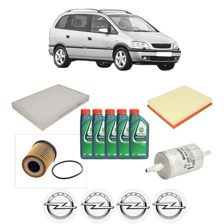 Pachet filtre revizie Bosch, 5 litrii ulei Castrol 10W40 OPEL ZAFIRA A MPV (T98) 1.8 16V (F75) din 2000-2005, 4x Stickere auto cu OPEL