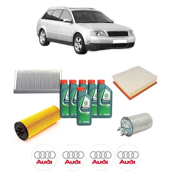 Pachet filtre revizie Bosch, 6 litrii ulei Castrol 10W40 AUDI A6 C5 Avant (4B5, 4B6) 2.5 TDI din 2000-2005, 4x Stickere auto cu AUDI