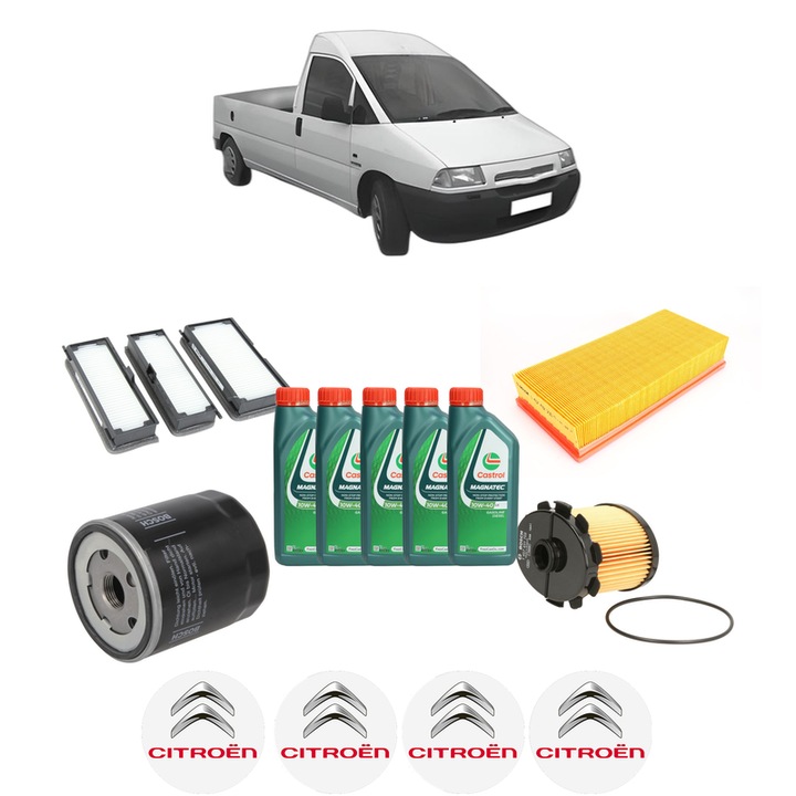 Pachet filtre revizie Bosch, 5 litrii ulei Castrol 10W40 CITROEN JUMPY I Platform/Chassis (BU_, BV_, BW_, BX_) 1.9 TD din 2000-2006, 4x Stickere auto cu CITROEN
