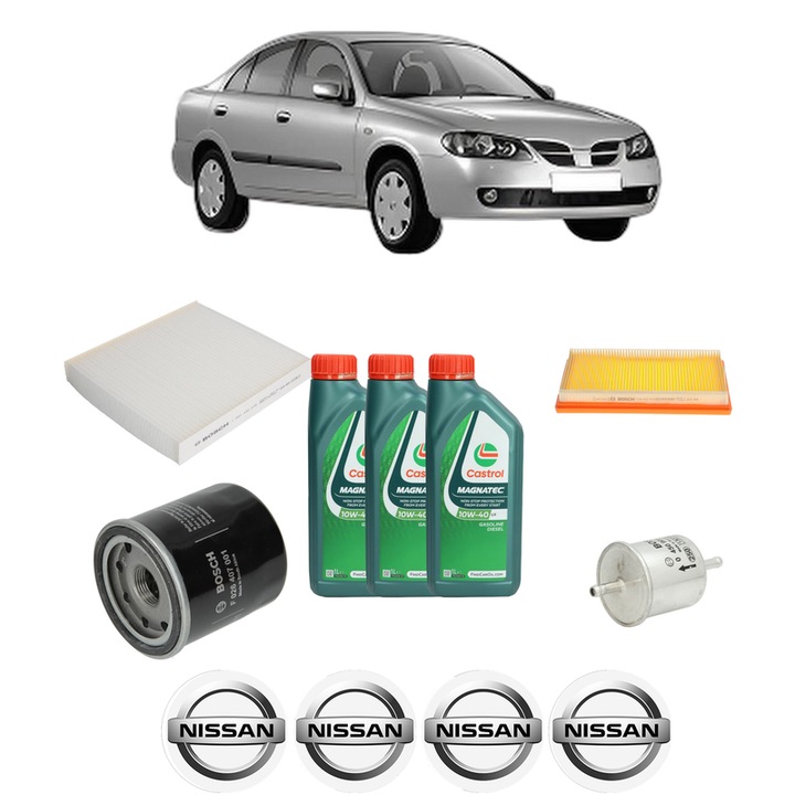 Pachet filtre revizie Bosch, 3 litrii ulei Castrol 10W40 NISSAN ALMERA II (N16) 1.5 din 2000-2006, 4x Stickere auto cu NISSAN