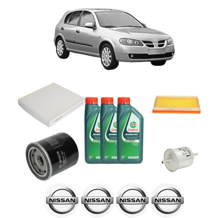 Pachet filtre revizie Bosch, 3 litrii ulei Castrol 10W40 NISSAN ALMERA II Hatchback (N16) 1.5 din 2000-2006, 4x Stickere auto cu NISSAN