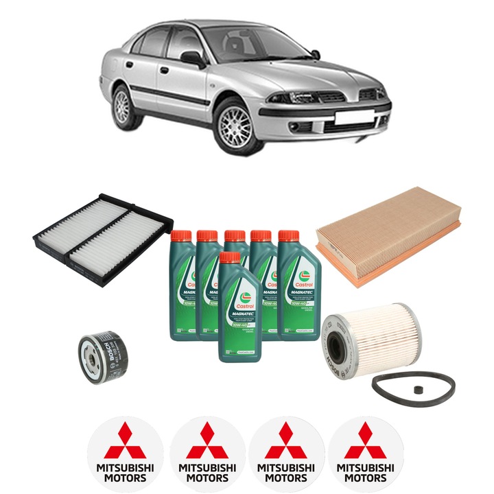 Pachet filtre revizie Bosch, 6 litrii ulei Castrol 10W40 MITSUBISHI CARISMA (DA_) 1.9 DI-D (DA5A) din 2000-2006, 4x Stickere auto cu MITSUBISHI