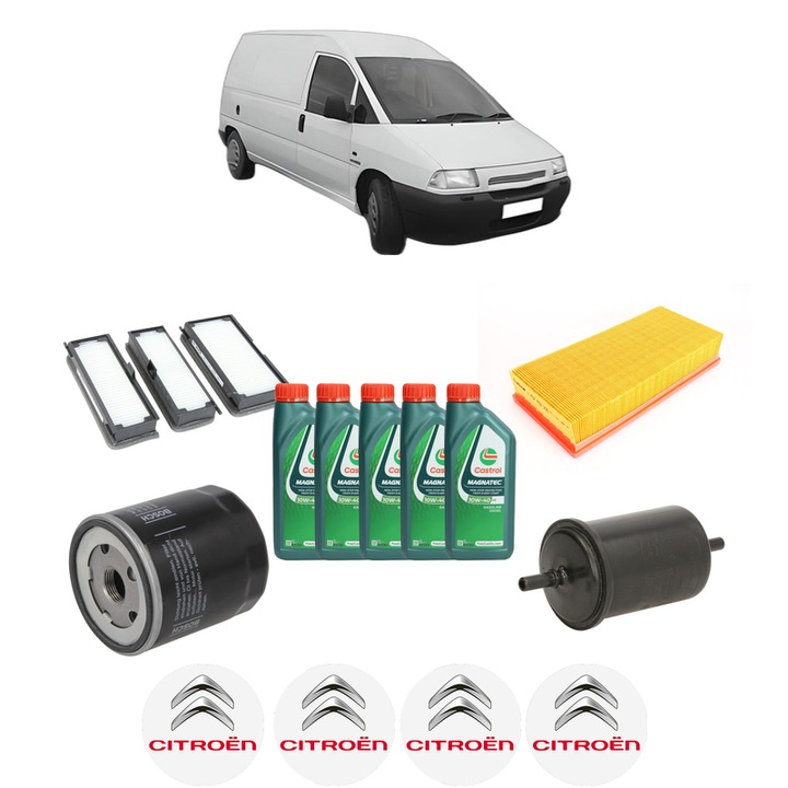Pachet filtre revizie Bosch, 5 litrii ulei Castrol 10W40 CITROEN JUMPY I Van (BS_, BT_, BY_, BZ_) 2.0 i 16V din 2000-2006, 4x Stickere auto cu CITROEN