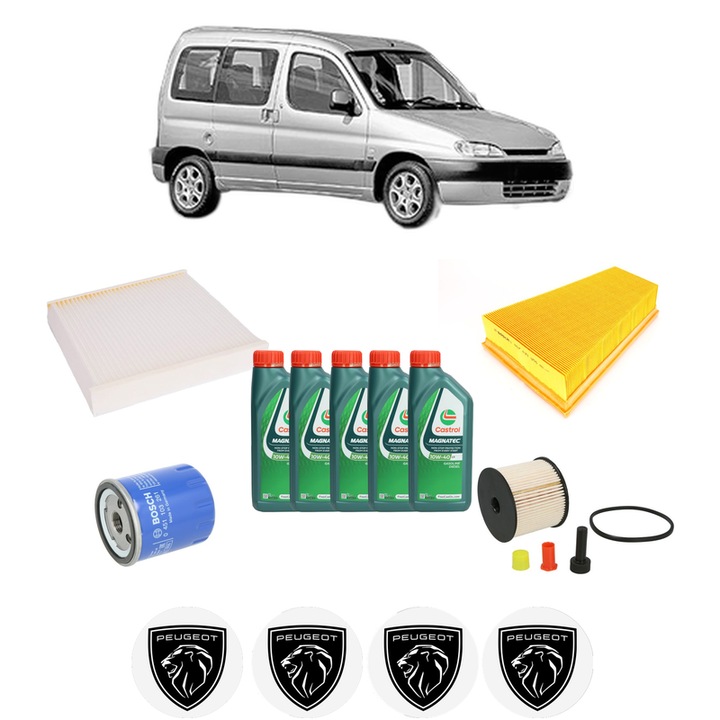 Pachet filtre revizie Bosch, 5 litrii ulei Castrol 10W40 PEUGEOT PARTNER MPV (5_, G_) 2.0 HDI din 2000-2008, 4x Stickere auto cu PEUGEOT