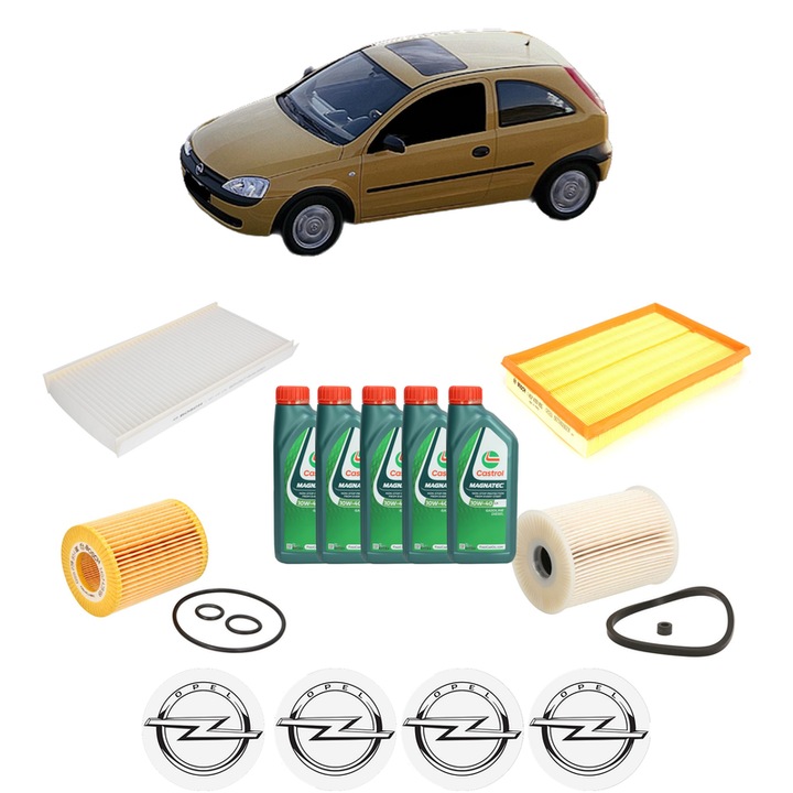 Pachet filtre revizie Bosch, 5 litrii ulei Castrol 10W40 OPEL CORSA C (X01) 1.7 DTI (F08, F68) din 2000-2009, 4x Stickere auto cu OPEL