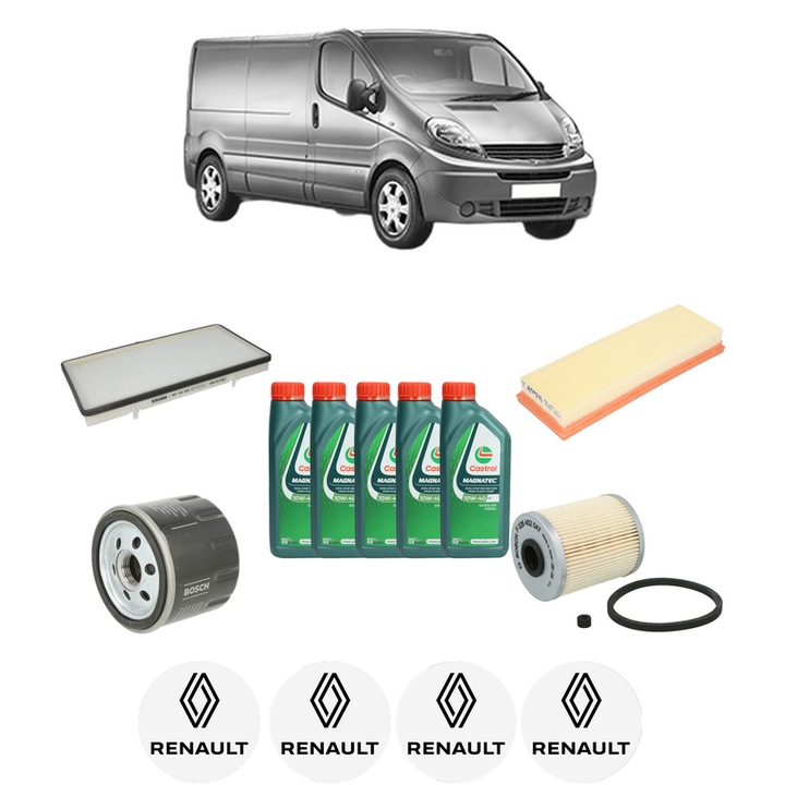 Pachet filtre revizie Bosch, 5 litrii ulei Castrol 10W40 RENAULT TRAFIC II Van (FL) 1.9 dCi (FL0B) din 2001-2003, 4x Stickere auto cu RENAULT