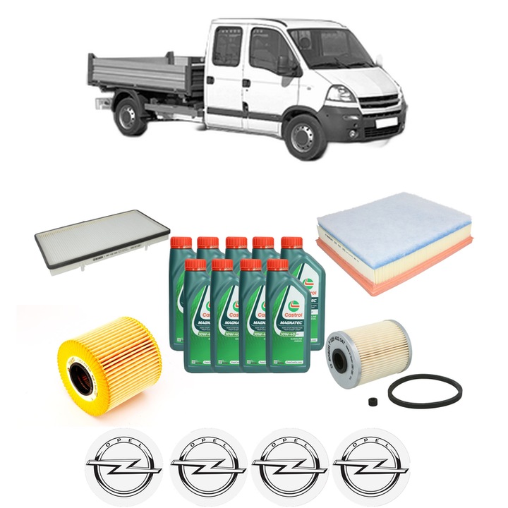 Pachet filtre revizie Bosch, 9 litrii ulei Castrol 10W40 OPEL MOVANO A Platform/Chassis (X70) 2.5 DTI (ED, HD, UD0, UD4) din 2001, 4x Stickere auto cu OPEL