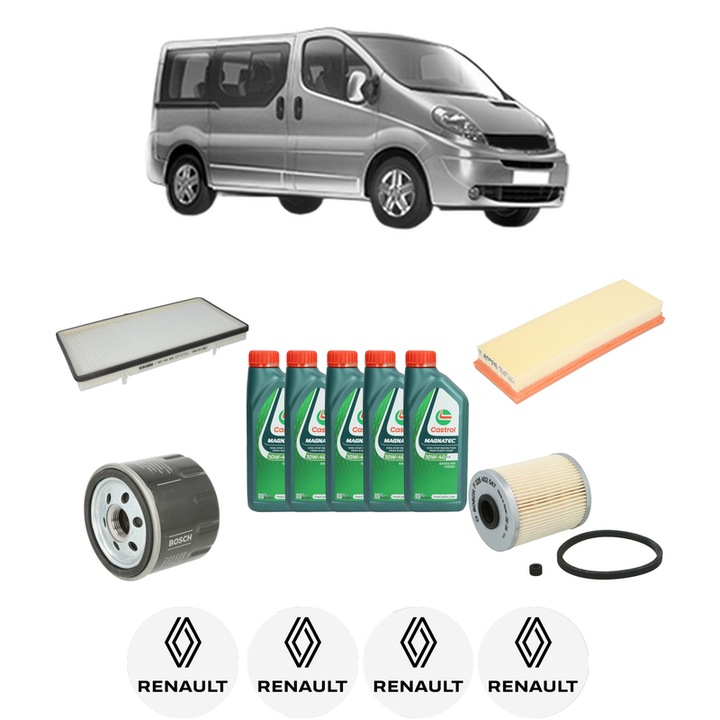 Pachet filtre revizie Bosch, 5 litrii ulei Castrol 10W40 RENAULT TRAFIC II Bus (JL) 1.9 dCI 100 (JL0C, JL0K) din 2001-2006, 4x Stickere auto cu RENAULT