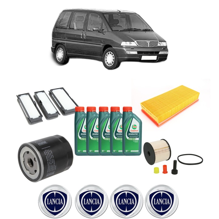 Pachet filtre revizie Bosch, 5 litrii ulei Castrol 10W40 LANCIA ZETA (22_) 2.0 JTD 16V (220.AR5OOL) din 2001-2003, 4x Stickere auto cu LANCIA
