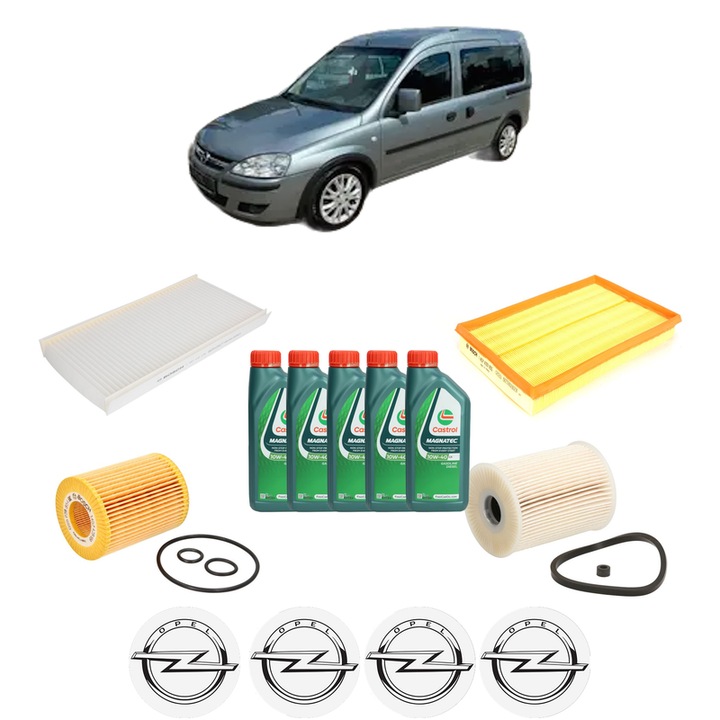 Pachet filtre revizie Bosch, 5 litrii ulei Castrol 10W40 OPEL COMBO Tour 1.7 DTI 16V din 2001-2004, 4x Stickere auto cu OPEL