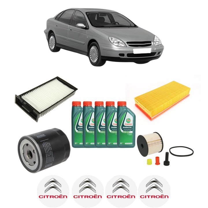 Pachet filtre revizie Bosch, 5 litrii ulei Castrol 10W40 CITROEN C5 I (DC_) 2.0 HDi (DCRHYB) din 2001-2004, 4x Stickere auto cu CITROEN