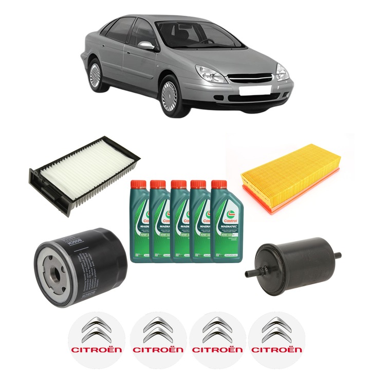 Pachet filtre revizie Bosch, 5 litrii ulei Castrol 10W40 CITROEN C5 I (DC_) 1.8 16V (DC6FZB, DC6FZE) din 2001-2004, 4x Stickere auto cu CITROEN