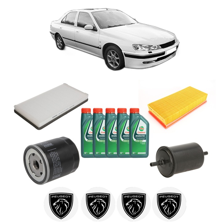 Pachet filtre revizie Bosch, 5 litrii ulei Castrol 10W40 PEUGEOT 406 (8B) 1.8 16V din 2000-2004, 4x Stickere auto cu PEUGEOT