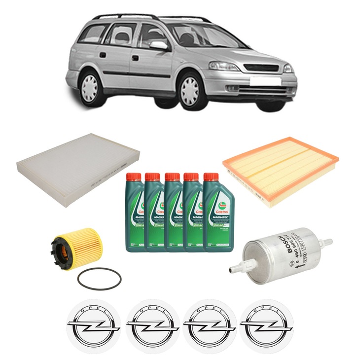 Pachet filtre revizie Bosch, 5 litrii ulei Castrol 10W40 OPEL ASTRA G Estate (T98) 2.2 16V (F35) din 2001-2004, 4x Stickere auto cu OPEL