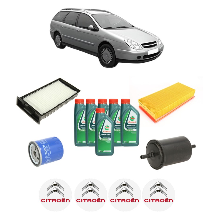 Pachet filtre revizie Bosch, 6 litrii ulei Castrol 10W40 CITROEN C5 I Break (DE_) 3.0 V6 (DEXFXC, DEXFXF) din 2001-2004, 4x Stickere auto cu CITROEN