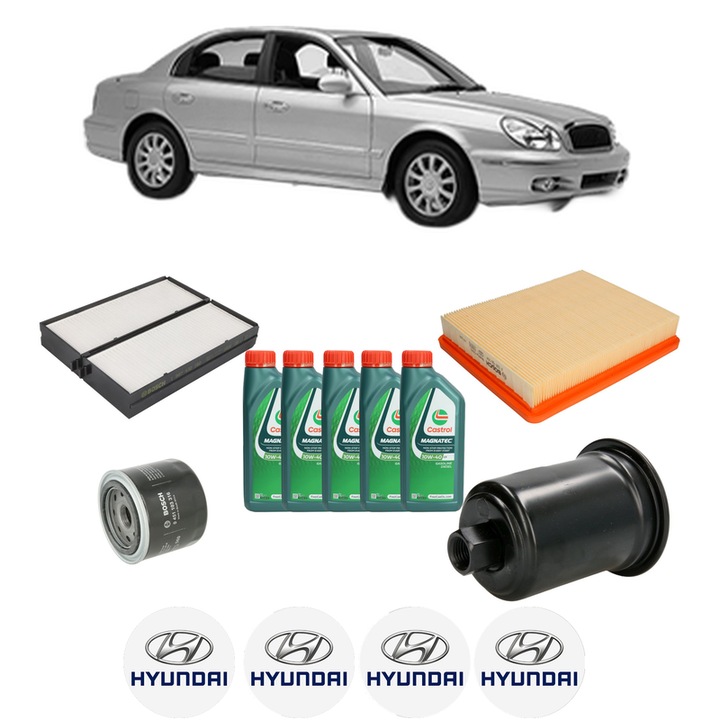 Pachet filtre revizie Bosch, 5 litrii ulei Castrol 10W40 HYUNDAI SONATA IV (EF) 2.0 16V din 2001-2004, 4x Stickere auto cu HYUNDAI