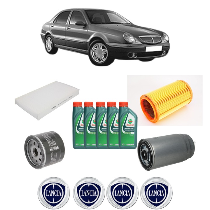 Pachet filtre revizie Bosch, 5 litrii ulei Castrol 10W40 LANCIA LYBRA (839_) 1.9 JTD (839.AXI1A, 839.AXN1A, 839.CXL1A) din 2001-2005, 4x Stickere auto cu LANCIA