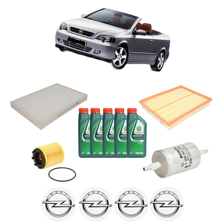 Pachet filtre revizie Bosch, 5 litrii ulei Castrol 10W40 OPEL ASTRA G Convertible (T98) 2.2 16V (F67) din 2001-2005, 4x Stickere auto cu OPEL
