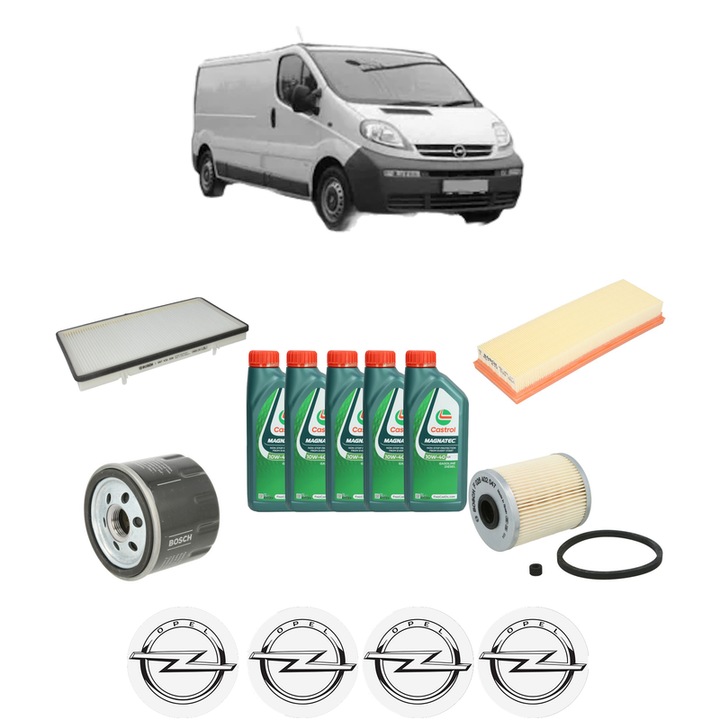 Pachet filtre revizie Bosch, 5 litrii ulei Castrol 10W40 OPEL VIVARO A Van (X83) 1.9 DTI (F7) din 2001-2014, 4x Stickere auto cu OPEL