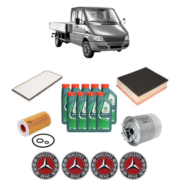 Pachet filtre revizie Bosch, 9 litrii ulei Castrol 10W40 MERCEDES-BENZ SPRINTER 5-t Platform/Chassis (B905) 616 CDI (905.612, 905.613, 905.622, 905.623) din 2001-2006, 4x Stickere auto cu MERCEDES-BENZ