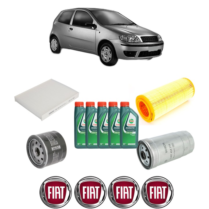 Pachet filtre revizie Bosch, 5 litrii ulei Castrol 10W40 FIAT PUNTO (188_) 1.9 JTD din 2001-2012, 4x Stickere auto cu FIAT
