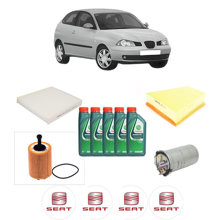 Pachet filtre revizie Bosch, 5 litrii ulei Castrol 10W40 SEAT IBIZA III (6L1) 1.9 SDI din 2002-2005, 4x Stickere auto cu SEAT