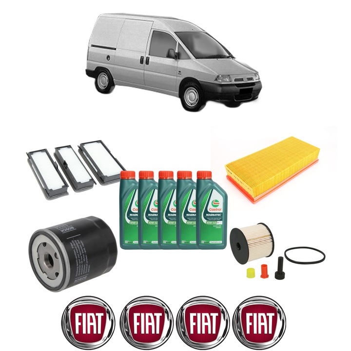 Pachet filtre revizie Bosch, 5 litrii ulei Castrol 10W40 FIAT SCUDO Van (220_) 2.0 JTD din 2002-2006, 4x Stickere auto cu FIAT