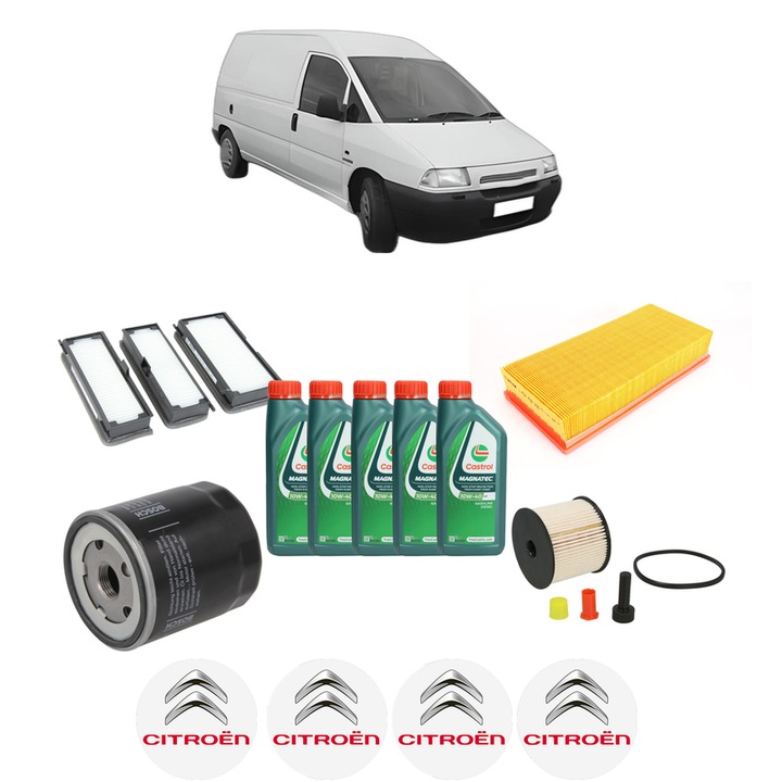 Pachet filtre revizie Bosch, 5 litrii ulei Castrol 10W40 CITROEN JUMPY I Van (BS_, BT_, BY_, BZ_) 2.0 HDi 110 din 2002-2006, 4x Stickere auto cu CITROEN