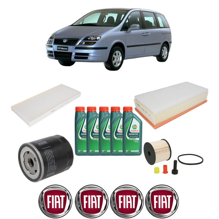Pachet filtre revizie Bosch, 5 litrii ulei Castrol 10W40 FIAT ULYSSE (179_) 2.0 JTD din 2002-2006, 4x Stickere auto cu FIAT