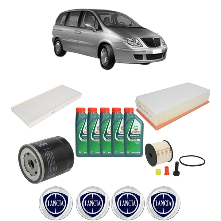 Pachet filtre revizie Bosch, 5 litrii ulei Castrol 10W40 LANCIA PHEDRA (179_) 2.0 JTD (179AXB1A) din 2002-2010, 4x Stickere auto cu LANCIA