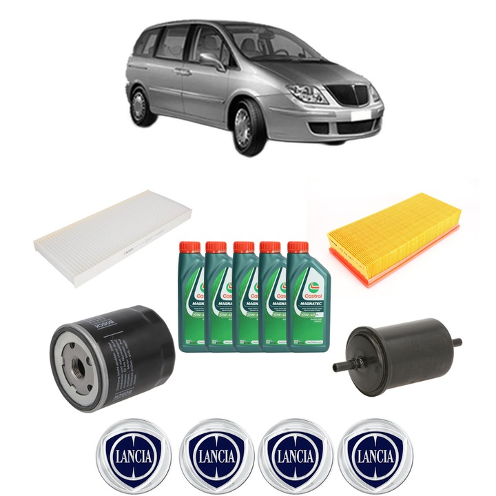 Pachet filtre revizie Bosch, 5 litrii ulei Castrol 10W40 LANCIA PHEDRA (179_) 2.0 (179AXA11, 179AXA1A) din 2002-2010, 4x Stickere auto cu LANCIA
