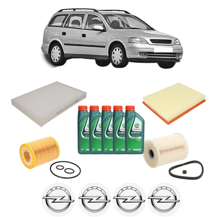 Pachet filtre revizie Bosch, 5 litrii ulei Castrol 10W40 OPEL ASTRA G Estate (T98) 1.7 CDTI (F35) din 2003-2004, 4x Stickere auto cu OPEL