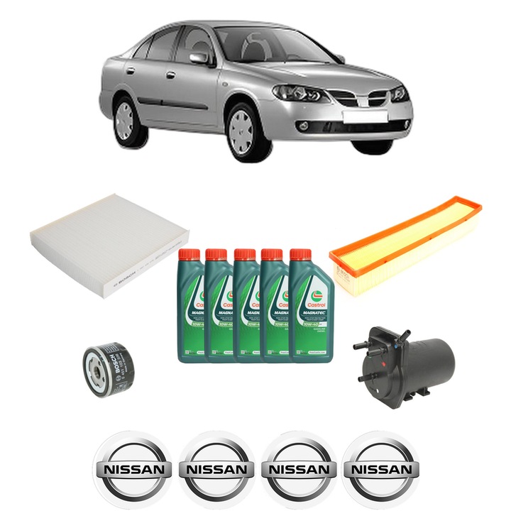 Pachet filtre revizie Bosch, 5 litrii ulei Castrol 10W40 NISSAN ALMERA II (N16) 1.5 dCi din 2003-2006, 4x Stickere auto cu NISSAN