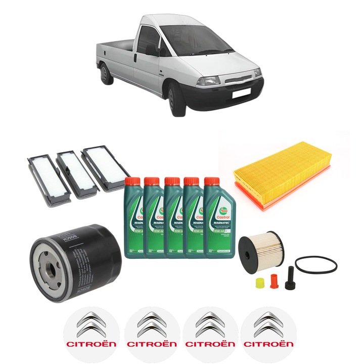 Pachet filtre revizie Bosch, 5 litrii ulei Castrol 10W40 CITROEN JUMPY I Platform/Chassis (BU_, BV_, BW_, BX_) 2.0 HDi 110 din 2003-2006, 4x Stickere auto cu CITROEN