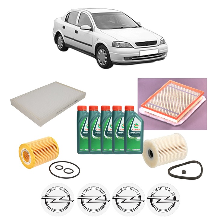 Pachet filtre revizie Bosch, 5 litrii ulei Castrol 10W40 OPEL ASTRA G Saloon (T98) 1.7 CDTI (F69) din 2003-2009, 4x Stickere auto cu OPEL