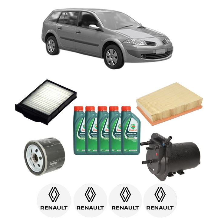 Pachet filtre revizie Bosch, 5 litrii ulei Castrol 10W40 RENAULT MEGANE II Estate Van (KM_) 1.5 dCi (KM02) din 2003-2009, 4x Stickere auto cu RENAULT