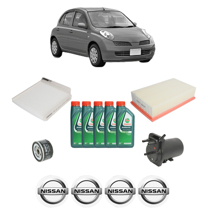 Pachet filtre revizie Bosch, 5 litrii ulei Castrol 10W40 NISSAN MICRA III (K12) 1.5 dCi din 2003-2010, 4x Stickere auto cu NISSAN
