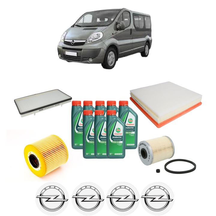 Pachet filtre revizie Bosch, 8 litrii ulei Castrol 10W40 OPEL VIVARO A Bus (X83) 2.5 DTI (F7, J7, A07) din 2003-2010, 4x Stickere auto cu OPEL