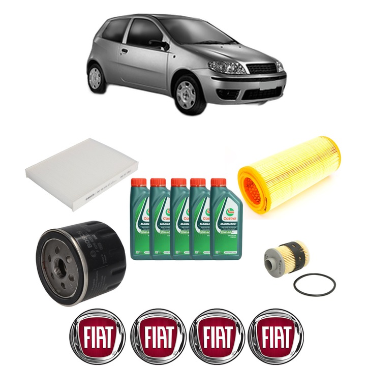 Pachet filtre revizie Bosch, 5 litrii ulei Castrol 10W40 FIAT PUNTO (188_) 1.9 JTD din 2003-2012, 4x Stickere auto cu FIAT