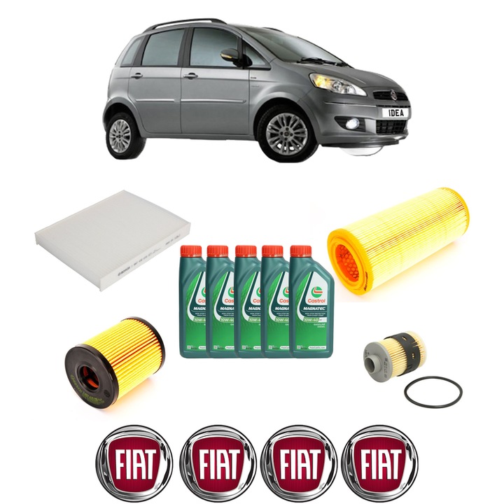 Pachet filtre revizie Bosch, 5 litrii ulei Castrol 10W40 FIAT IDEA (350_) 1.9 JTD din 2004, 4x Stickere auto cu FIAT