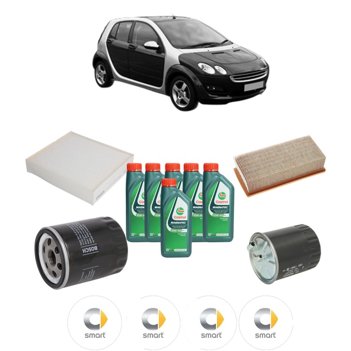 Pachet filtre revizie Bosch, 6 litrii ulei Castrol 10W40 SMART FORFOUR (454) 1.5 CDI (454.001) din 2004-2006, 4x Stickere auto cu SMART