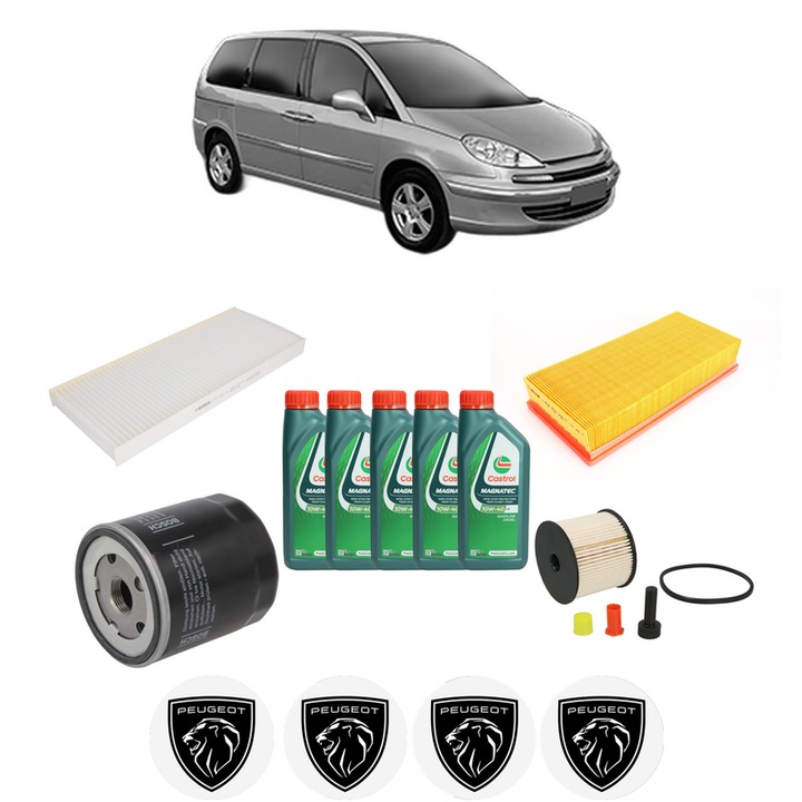 Pachet filtre revizie Bosch, 5 litrii ulei Castrol 10W40 PEUGEOT 807 Van (EB_) 2.0 HDi (EBRHTBF, EBRHWBF) din 2004-2006, 4x Stickere auto cu PEUGEOT