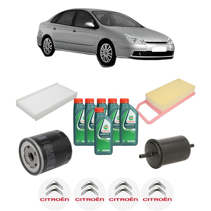 Pachet filtre revizie Bosch, 6 litrii ulei Castrol 10W40 CITROEN C5 II (RC_) 3.0 V6 (RCXFUF) din 2004-2008, 4x Stickere auto cu CITROEN