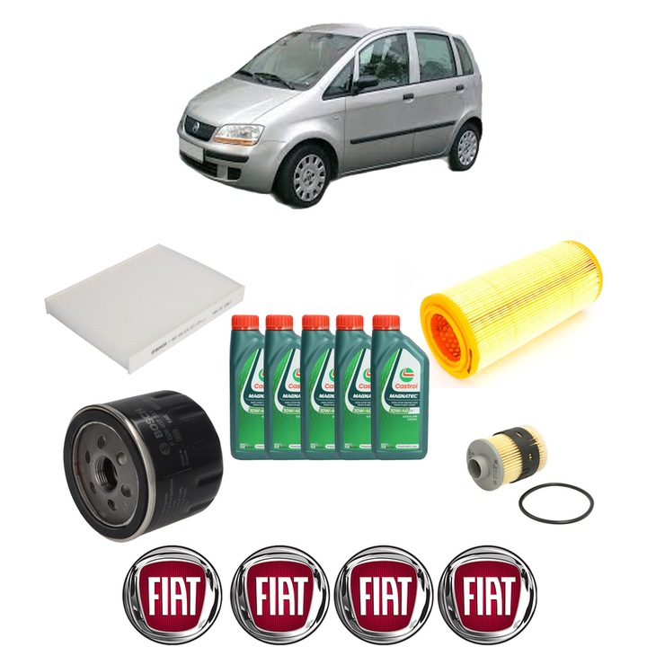 Pachet filtre revizie Bosch, 5 litrii ulei Castrol 10W40 FIAT IDEA Van (350_) MJTD (350BXD1A) din 2004-2010, 4x Stickere auto cu FIAT