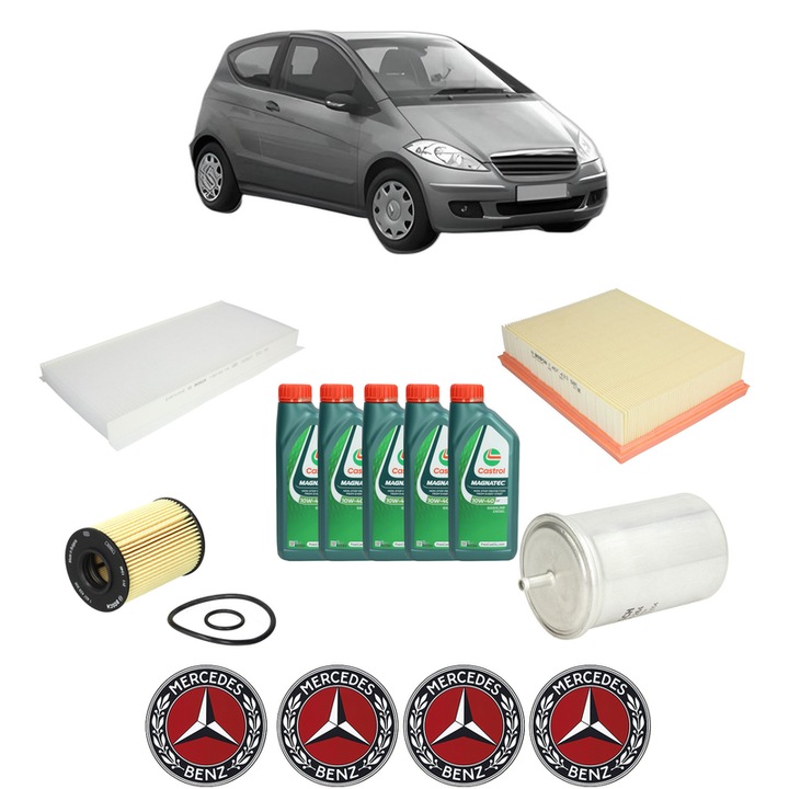 Pachet filtre revizie Bosch, 5 litri ulei Castrol 10W40 MERCEDES-BENZ A-CLASS (W169) A 150 (169.031, 169.331) din 2004-2012, 4x Stickere auto cu MERCEDES-BENZ