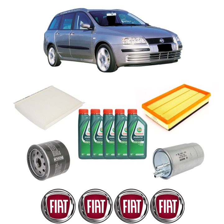 Pachet filtre revizie Bosch, 5 litrii ulei Castrol 10W40 FIAT STILO (192_) 1.9 D Multijet din 2005-2006, 4x Stickere auto cu FIAT